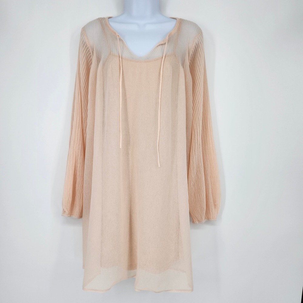 Peach Sheer Pleated Sleeve Mini Dress Womens XS Ethereal Dainty Soft Girl Modern